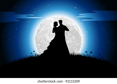 illustration of couple in romantic mood in night view with moon backdrop