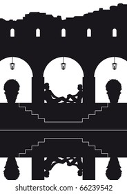 illustration of a couple in a ruin