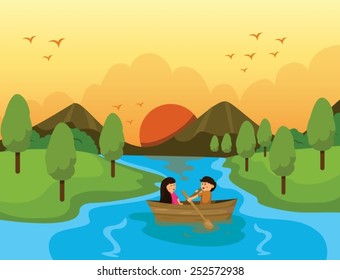 illustration of couple sailing  with sunset background