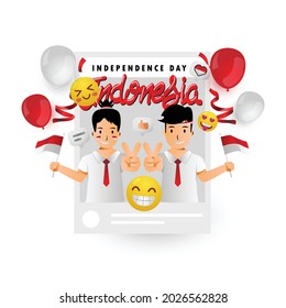 Illustration couple school kid post social media celebrate indonesia independence day