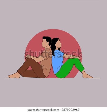 An illustration of a couple seated back-to-back, with a large red circle behind them, conveying a sense of shared existence and mutual reliance.