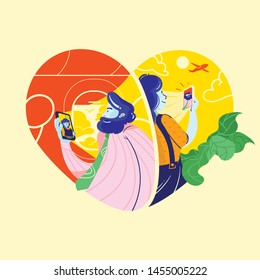 Illustration of a couple separated by distance, where the husband who went by plane, and his wife saw it from the garden of his house. But they can video calling each other.