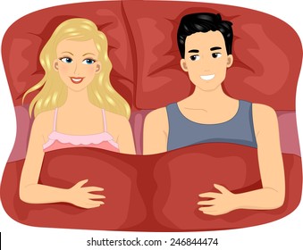 Illustration of a Couple Sharing a Large Bed with Matching Pillows and Sheets