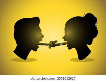 An illustration of couple shouting with tangled tongues. Couple In Quarrel Concept