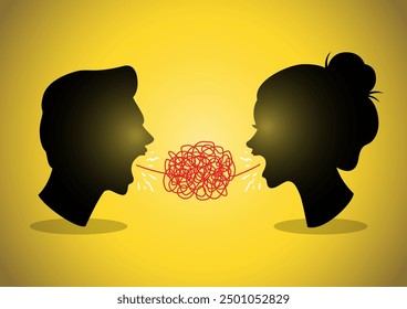 An illustration of couple shouting with tangled tongues. Couple In Quarrel Concept