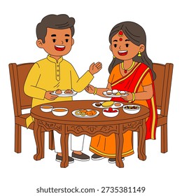 Illustration of A couple sitting together at a table laden, sharing a meal and enjoying the festive for Holi Indian Festival.