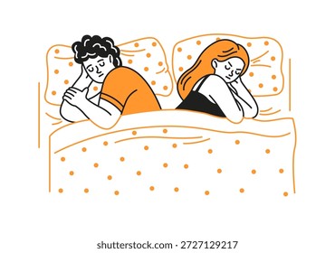 Ilustración de una pareja durmiendo espalda con espalda en la cama, con ropa de cama y almohadas estampadas, que simbolizan la dinámica de las relaciones y el espacio personal.