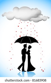 illustration of couple standing under umbrella in love rain
