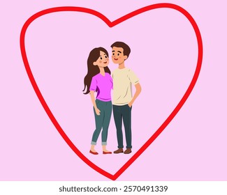 Illustration of a couple standing within a red heart outline, surrounded by pink and red hearts on a pastel pink background. Ideal for love, romance, and celebration designs