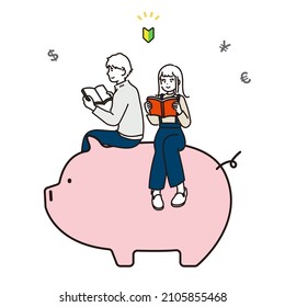 Illustration of a couple studying money. Vector.