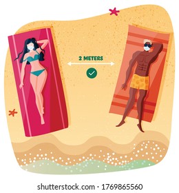 Illustration of a couple sunbathing on the beach by wearing mask, face-shield, sunglasses and maintain distance. Precaution for virus pandemic. New normal lifestyle. Flat character illustration.