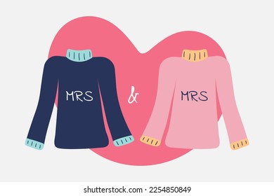 Illustration of couple sweaters for lesbians, Miss and Miss for Valentine Day, February 14th. Love, heart shape. Vector illustration.