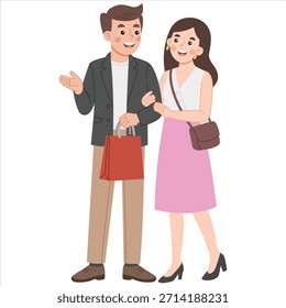 Ilustración de una pareja hablando mientras lleva bolsas de compras
