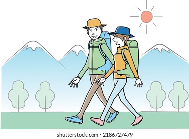 Illustration of a couple talking while trekking