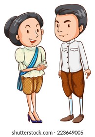 Illustration of a couple with their costumes on a white background 