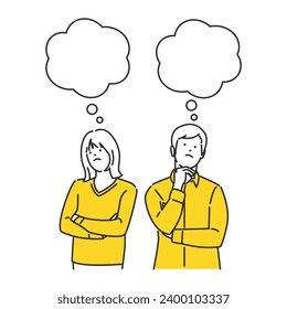 An illustration of a couple thinking about each other. Speech bubble.