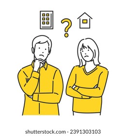 An illustration of a couple thinking about their home. Illustration of a man and a woman considering purchasing an apartment or a house.