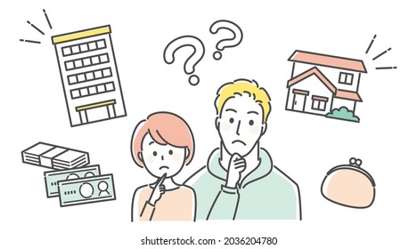 illustration of a couple thinking which is better, owned house or rental property 