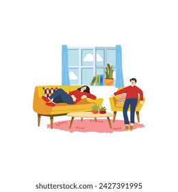 illustration of couple tried and relaxing in living room