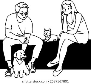 Illustration of couple with two pupies dog lover drawing sitting date holiday summer cute black white  