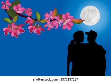 ilustración con pareja bajo rama de florecimiento primaveral