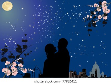 ilustración con pareja bajo cielo estrellado y luna llena