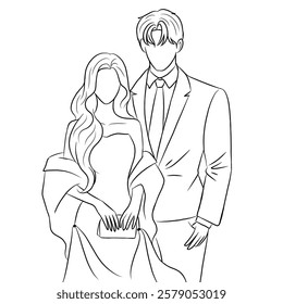 Illustration of couple vector. Standing couple. Business man and his wife. Line art.