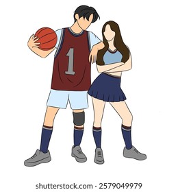 Illustration of couple vectors. Male basketball player and female cheerleader. Teen couple illustration