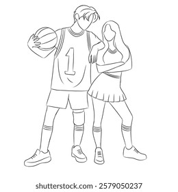 Illustration of couple vectors. Male basketball player and female cheerleader. Teen couple illustration. Line art.