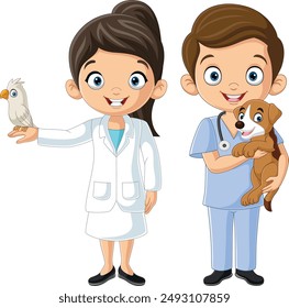 Ilustración de la pareja veterinario que sostiene a las mascotas