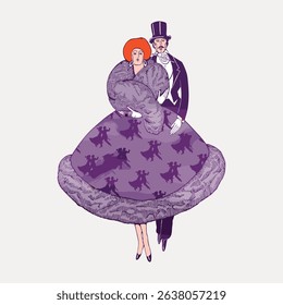 Illustration of a couple in vintage attire. Woman in a purple dress and red hat. Man in a tuxedo. Elegant, vintage, couple, fashion, purple dress, tuxedo. Vintage character art illustration vector.