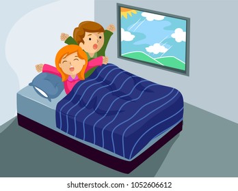 Illustration of a Couple waking up in Bed in the morning