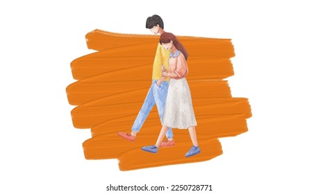 illustration of a couple walking hand in hand together in pastel colors. couple image in water color