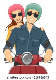 Illustration of a Couple Wearing Helmets While Riding a Motorcycle