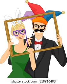 Illustration Of A Couple Wearing Wacky Photobooth Props Holding A Frame