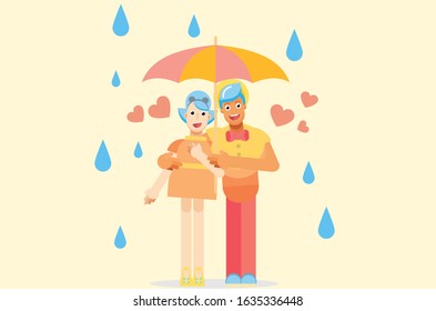 An illustration of a couple while in love in the rain. A vector of romance teenager illustration, this illustration can use as a sticker also. 