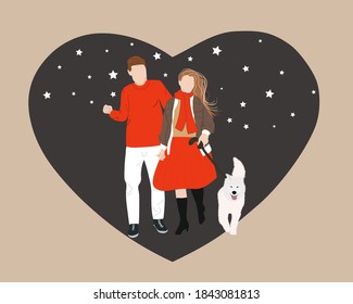 Illustration of a couple who fall in love. Valentines day greeting card. Peoples walk with dog on the background of the heart.