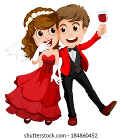 Illustration of a couple who just got married on a white background