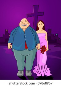 Illustration of couples with bulkiness man and slim lady with cross symbols	