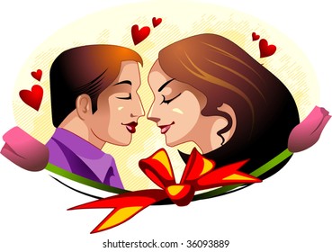 Illustration of couples in face to face love with him 	