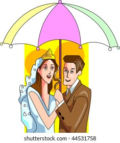 Illustration of couples holding umbrella	