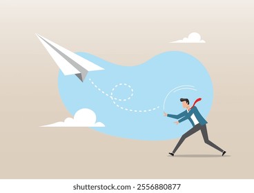 An illustration of courage businessman launching paper airplane origami into the sky. Start your own business, opportunity to get new job or entrepreneur small business concept