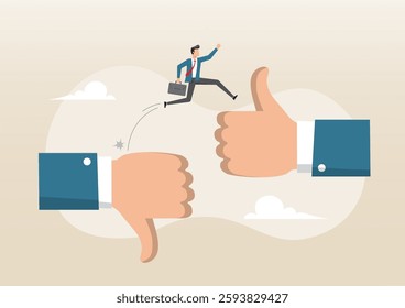 An illustration of a courageous businessman jumping from thumb down to thumb up. Change or transform to better opportunity, determination to progress or career growth, aspiration or challenge concept