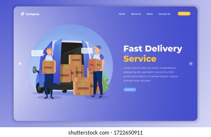 Illustration of courier arranging packages in a car for a fast delivery service concept