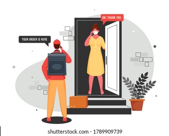 Illustration Of Courier Boy Talking To Customer Woman From Phone At Door In Contactless Delivery During Coronavirus (Covid-19).