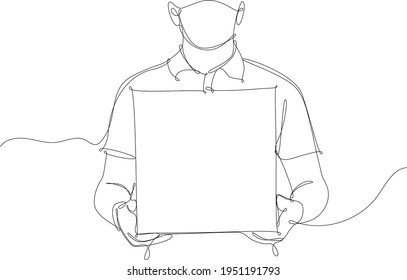 illustration of courier delivering a package of groceries. Front view, waist up. Concept of home delivery, new professions during the pandemic. Continuous line vector illustration, white background