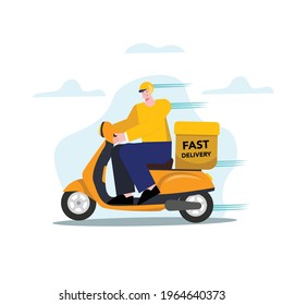 illustration of a courier delivery man a pizza box package delivery man driving a yellow Vespa