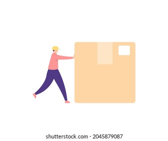 illustration of a courier pushing a package box. the concept of package delivery services, post, fast delivery. flat cartoon style. vector design