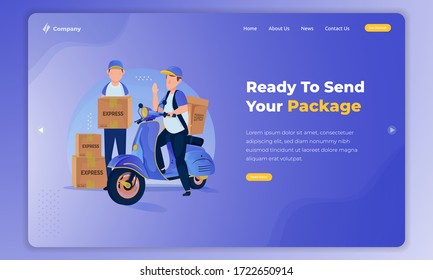Illustration of courier ready to deliver the package on landing page template