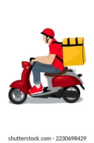 Illustration of a courier, riding a red scooter with a yellow box